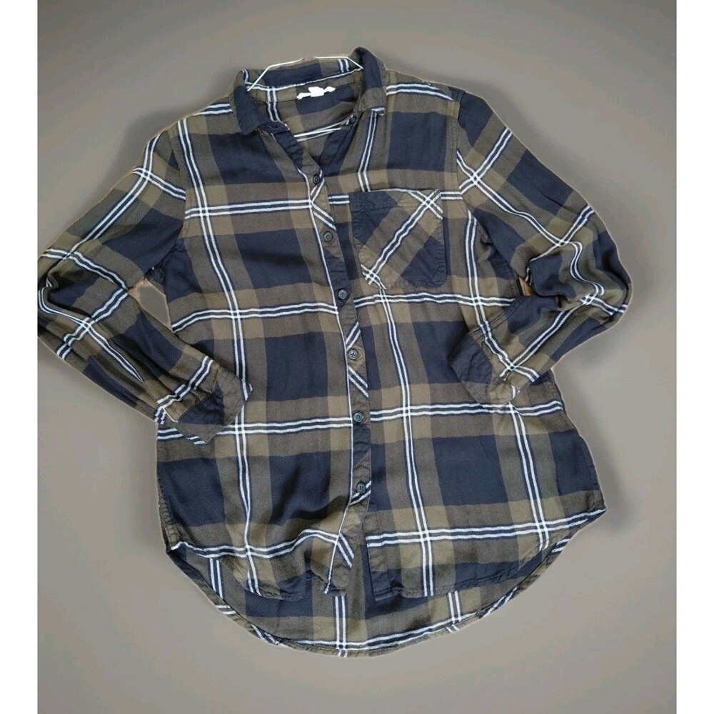 Beach Lunch Lounge Womens Flannel Shirt Blouse Top M GREEN  Plaid Button Up